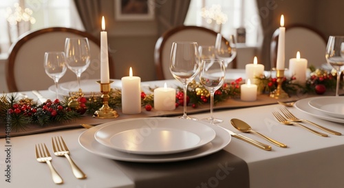 Elegant Table Setting with Candles and Garland in Warm Ambient Light