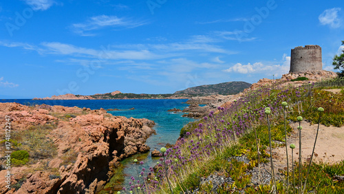 Spanish tower (italian: Torre Spagnola).Historic defensive watchtower from the 17th century, one of the symbols of Isola Rossa - often visited by tourists as a viewpoint. Isola Rossa, Sardinia, Italy.