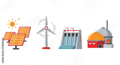 Sustainable Energy Sources Illustrated Solar, Wind, Hydro, and Biomass Power Generation Concepts