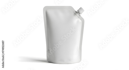 A blank white stand-up pouch mockup with a corner spout and cap, isolated 