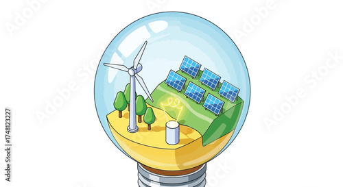 Sustainable energy concept illustration within a lightbulb, featuring solar panels and wind turbines promoting eco-friendly power