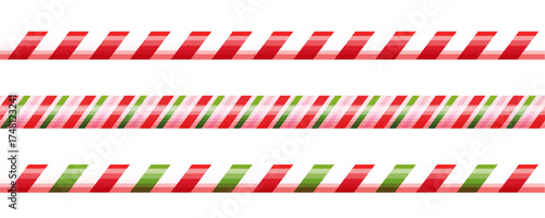 Candy cane border christmas decoration, holiday sweet seamless decor.Stripes green, red and pink color, thin and thick. Retro stick, lollipop, candycane. 