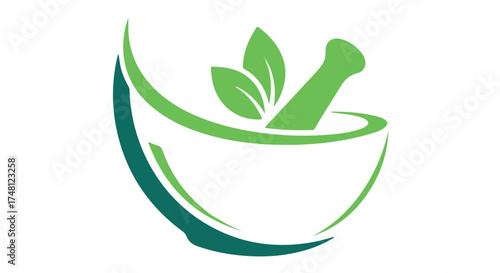 Green mortar and pestle with leaves, symbolizing herbal medicine and natural remedies isolated on transparent background