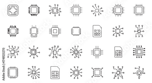 Collection of handdrawn icons representing computer microchips and sim cards isolated on transparent background