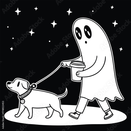 A ghost is walking his dog at night while holding a cup of coffee