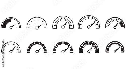 Set of ten speedometer icons isolated on transparent background
