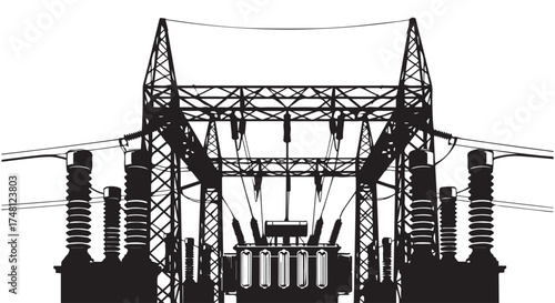 Silhouette of a highvoltage electrical substation with towers and transformers isolated on transparent background