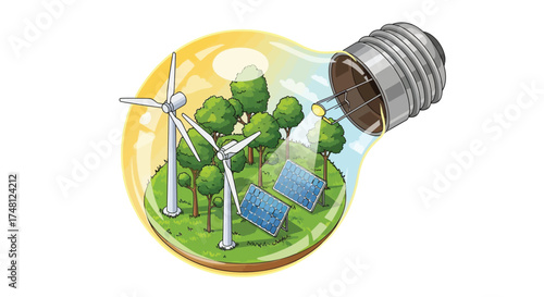 An illustration of a light bulb containing a miniature green landscape with wind turbines and solar panels, symbolizing renewable energy and sustainability