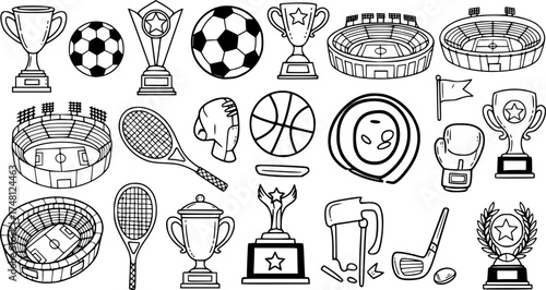 Doodle style tournament icons featuring sports equipment, trophies, and stadiums
