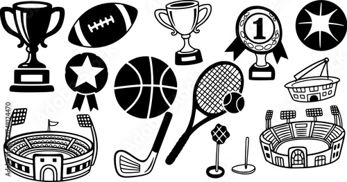 Doodle style tournament icons featuring sports equipment, trophies, and stadiums
