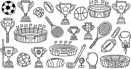 Doodle style tournament icons featuring sports equipment, trophies, and stadiums
