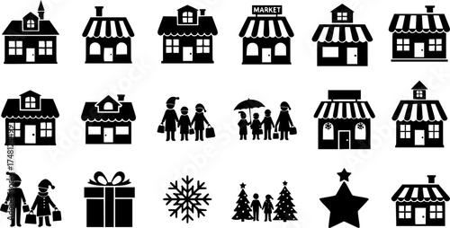 Festive market icons: holiday shops, people, and emojis in bold silhouette design
