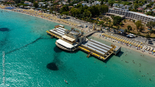 Aerial view of the Charleston on Mondello Beach, located near Palermo, Sicily, Italy. This Art Nouveau beach resort overlooks the turquoise waters of the Tyrrhenian Sea. A beautiful beach club.
