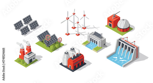 Collection of renewable energy sources and power generation facilities, including solar panels, wind turbines, and hydroelectric dam