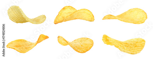 Set of single potato chips isolated on transparent background