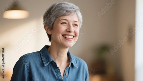 Smiling mature woman with short gray hair wearing a denim shirt indoors