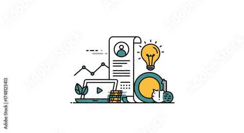 Simple vector business illustration in a minimalist style showing a concept for career development, financial growth, and innovative ideas
