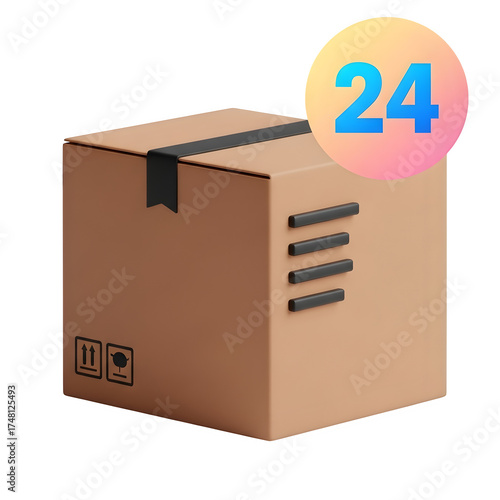 3D cartoon cardboard box with black ribbon and circular number 24 badge on black background package