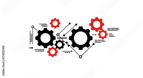 Minimalist Vector Illustration of Interlocking Gears and Circuitry on a White Background