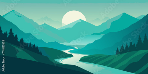Winding River Through Green Mountains at Sunrise landscape