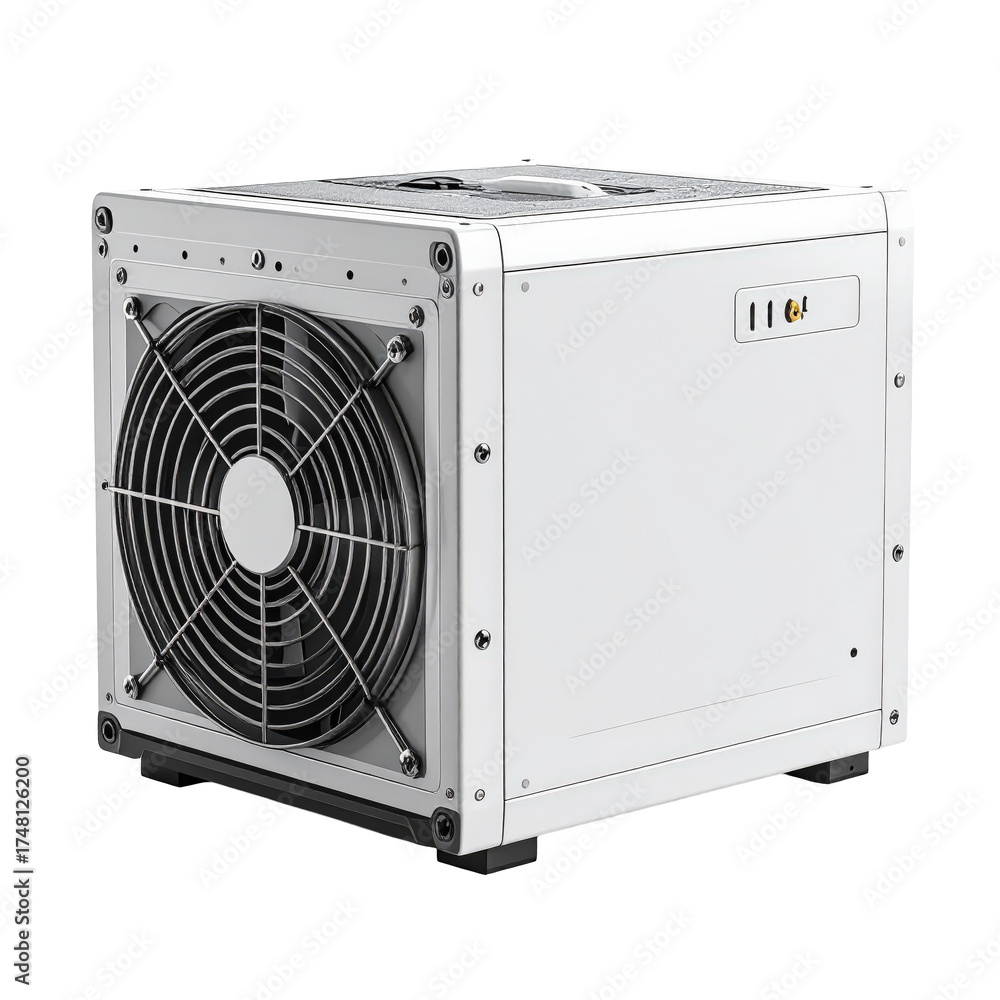 Fototapeta premium White industrial air conditioner with a large fan on the front.