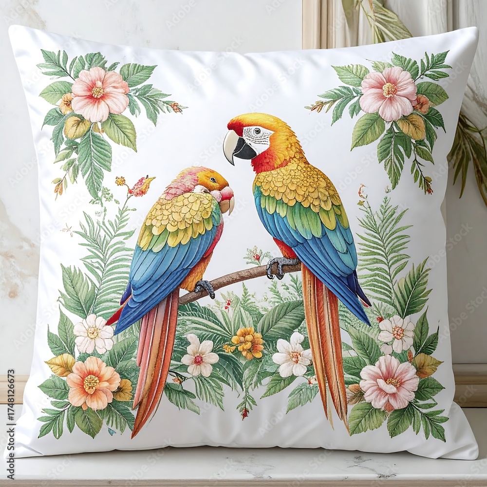Fototapeta premium Decorative pillow featuring two parrots amidst floral and foliage