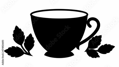 Elegant teacup silhouette with fresh mint leaves, perfect for tea time promotions, branding, or wellness designs, a modern and clean design element