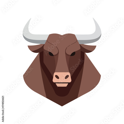 A powerful bull head illustration, symbolizing strength and determination, with sharp horns and a stoic expression, perfect for graphic design projects