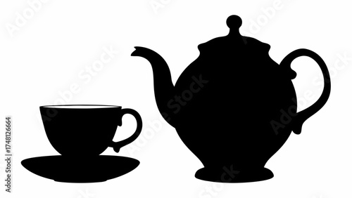 Elegant teapot and teacup silhouette for classic tea time moments, perfect for branding, invitations, or cozy cafe designs, reflecting warmth and tradition