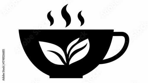 Elegant tea cup with leaves design steaming with herbal freshness, perfect for branding cafes, tea shops, or health and wellness promotions