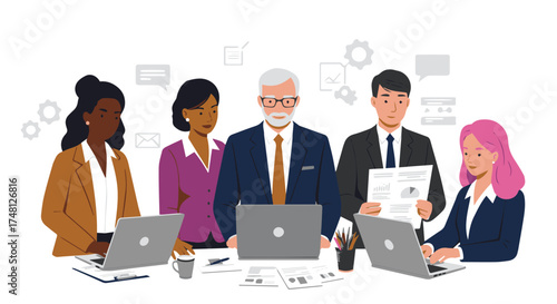 Diverse business professionals collaborate effectively in a modern corporate meeting, strategizing and working together with laptops and documents to achieve shared goals
