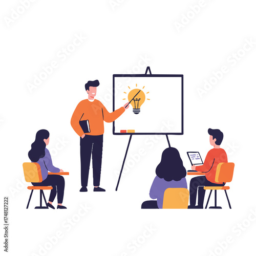 A confident student presents an innovative idea at a whiteboard to an attentive group of classmates in a vibrant 2D flat vector illustration style.
