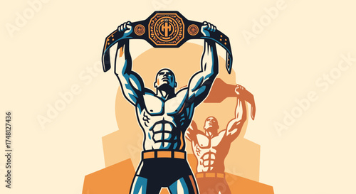 Victorious muscular athlete proudly hoists championship belt high after winning the competition