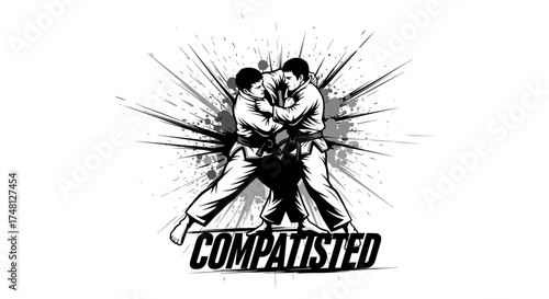 Dynamic black and white illustration of two martial artists grappling in a combat pose with grunge