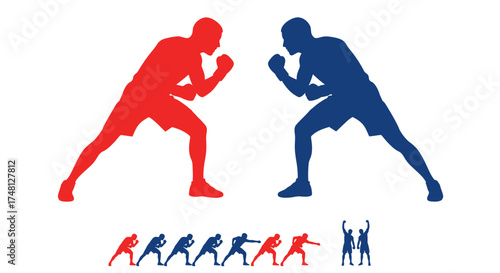 Dynamic graphic illustration of red and blue boxers in fighting stance, symbolizing competition