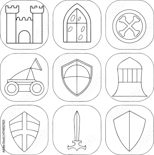 medieval, fantasy, icon, set, outline, castle, knight, history, rpg, game, simple, minimalist, modern, kingdom, royal, fairy-tale, warrior, battle, war