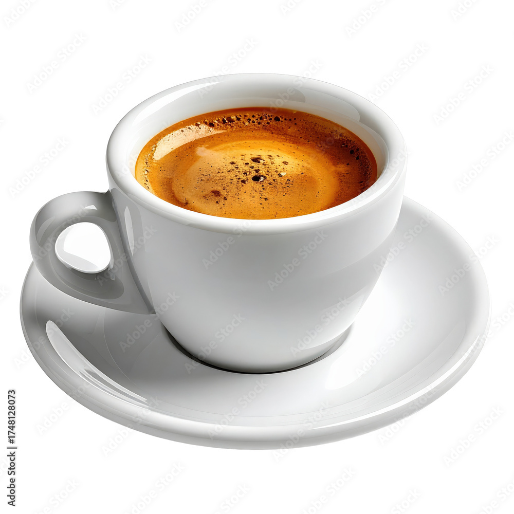 Obraz premium A cup of espresso on a white saucer, showcasing the rich crema and inviting aroma.