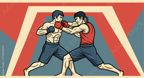 Dynamic Illustration of Two Male Boxers Engaging in an Intense Fight in a Retro Geometric Arena