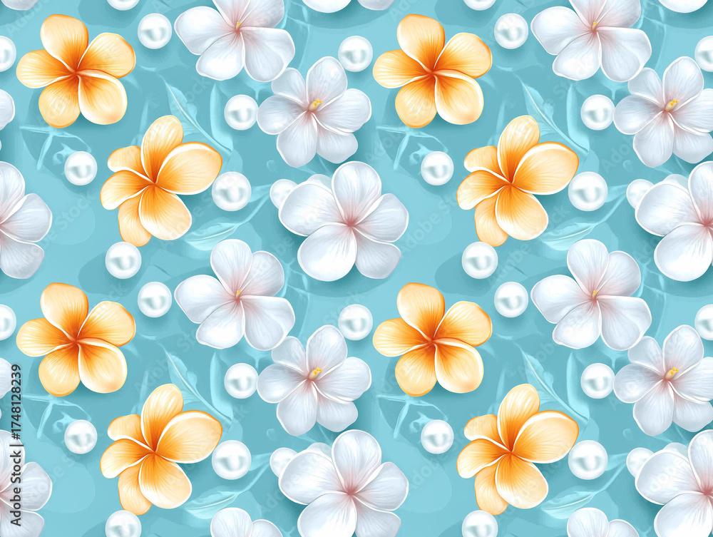 Fototapeta premium Tranquil Tropical Frangipani Flowers Seamless Pattern with Floating Water Pearls