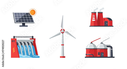Collection of renewable and industrial energy production icons solar, wind, hydro, and factory power