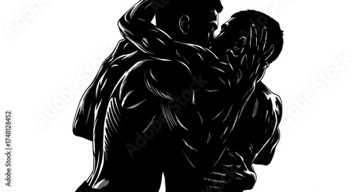 Passionate embrace of a male couple in a striking black and white silhouette illustration
