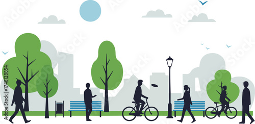 Vector illustration of people relaxing and engaging in recreational activities in a public city park with a modern skyline backdrop