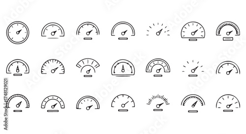 Collection of handdrawn speedometer and gauge icons, indicating speed, measurement, and performance, isolated on transparent background