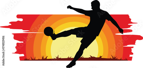 Dynamic silhouette of a soccer player kicking a ball against a vibrant sunset backdrop, symbolizing passion for sport and outdoor activity