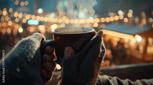 Cinematic shot of hands holding a steaming cup of mulled wine, bokeh Christmas market lights in the background, cozy festive winter atmosphere, warm, inviting holiday scene.