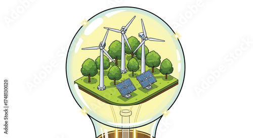 A vibrant illustration of sustainable energy sources and green living encased within a glowing lightbulb, symbolizing innovation and eco-friendly power generation