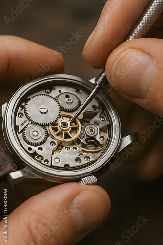 Close-up view of a skilled craftsman working carefully on the inner mechanism of a watch, showing precision tools, concentration, and delicate mechanical artistry