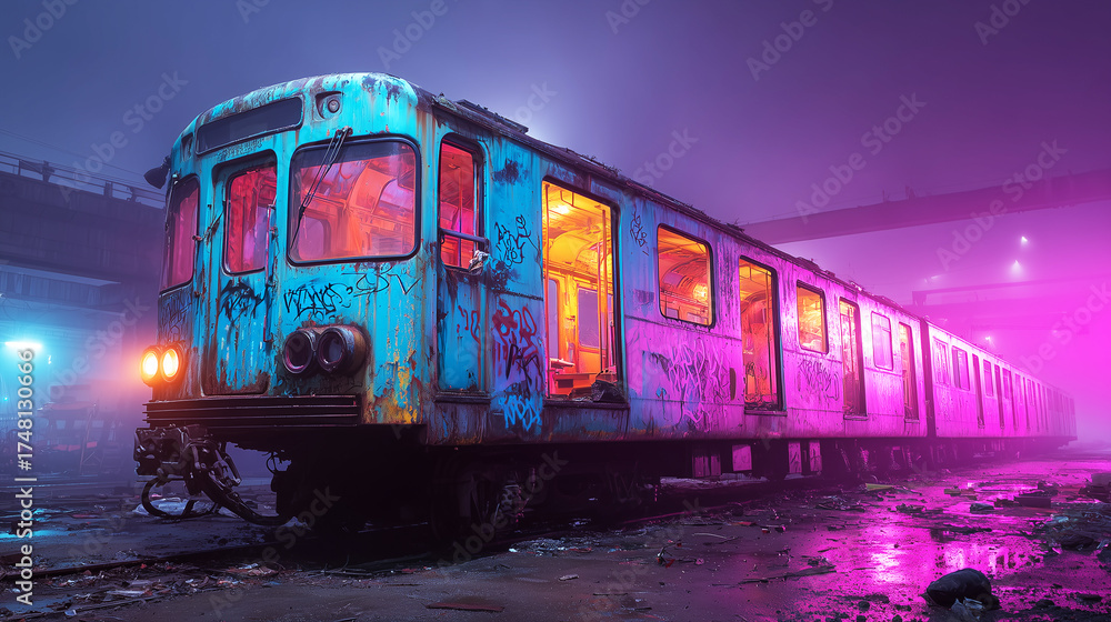 Obraz premium Abandoned train under neon lights, covered in graffiti, standing in the fog at night. 