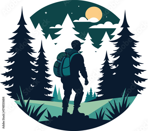 Hiker with backpack in the forest. Tourist vector illustration