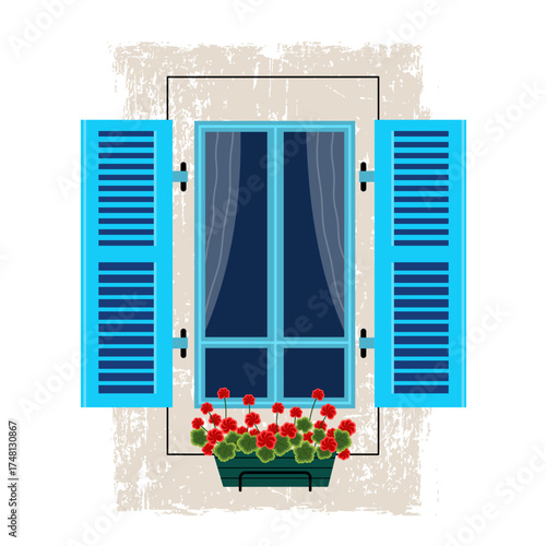 Mediterranean house window with shutters and balcony flowers is drawn in flat style and highlighted on  white background. traditional Greek window, detail of  traditional Greek house. stock vector